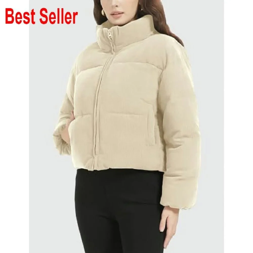 Cropped Corduroy Puffer Jacket Quilted Down Winter Chic Y2K Retro